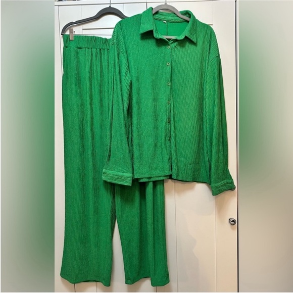 Button Front Comfy Textured Wide Leg Lounge Outfit Green Sz XL NEW! FIRM! - Picture 1 of 5